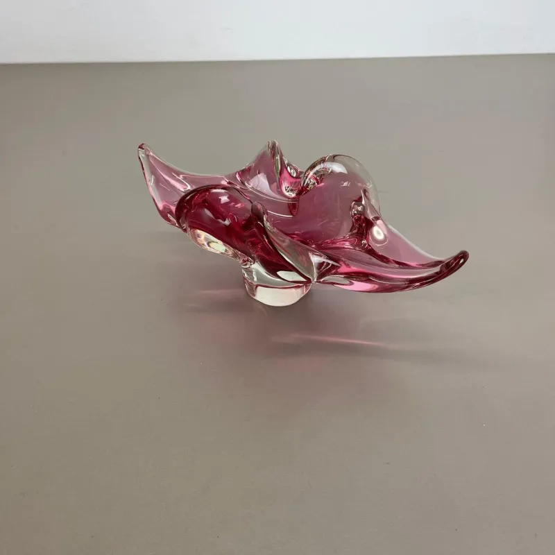 Pamono Large Murano Glass Pink Floral Bowl, Italy, 1970s