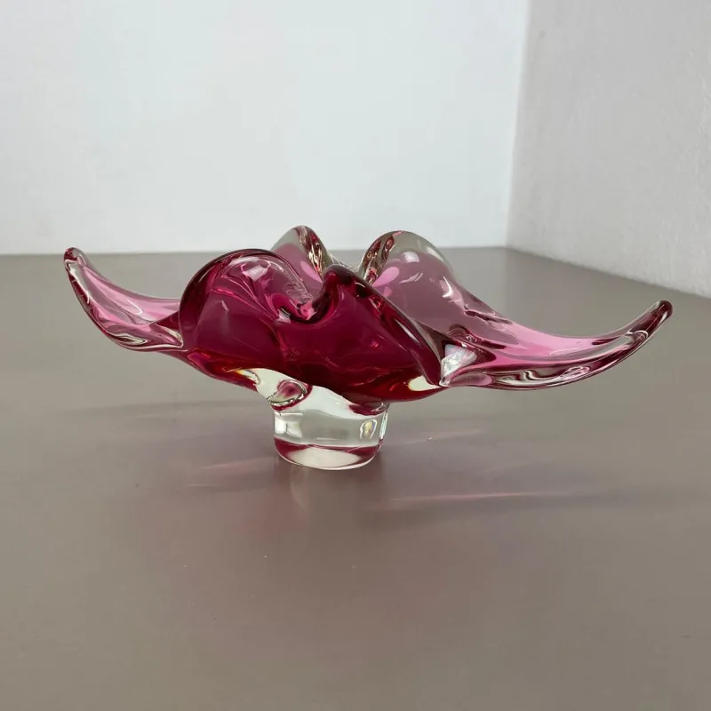 Pamono Large Murano Glass Pink Floral Bowl, Italy, 1970s