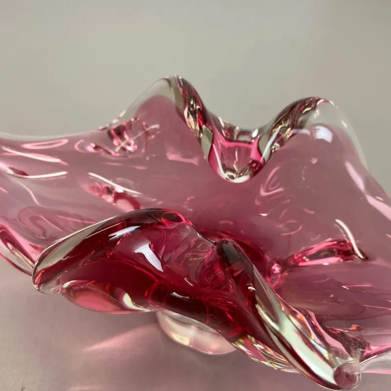Pamono Large Murano Glass Pink Floral Bowl, Italy, 1970s