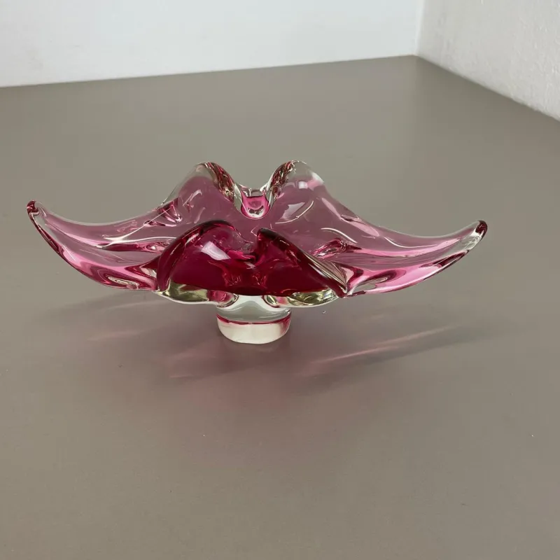 Pamono Large Murano Glass Pink Floral Bowl, Italy, 1970s