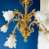 Pamono Large Ornate Bronze Chandelier with Floral Frosted Glass Shades, 1890s> Ceiling Lights