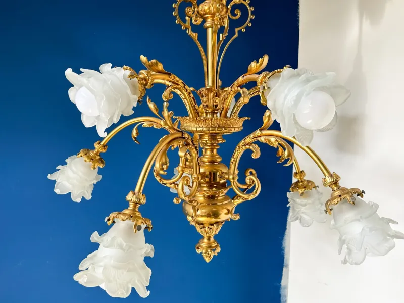 Pamono Large Ornate Bronze Chandelier with Floral Frosted Glass Shades, 1890s> Ceiling Lights