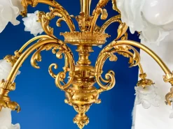 Pamono Large Ornate Bronze Chandelier with Floral Frosted Glass Shades, 1890s> Ceiling Lights