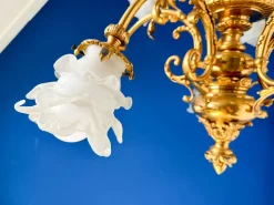 Pamono Large Ornate Bronze Chandelier with Floral Frosted Glass Shades, 1890s><noscript><img width=
