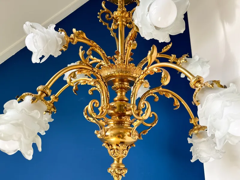 Pamono Large Ornate Bronze Chandelier with Floral Frosted Glass Shades, 1890s> Ceiling Lights