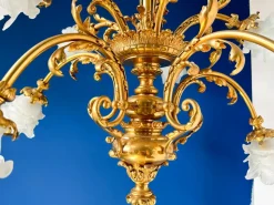 Pamono Large Ornate Bronze Chandelier with Floral Frosted Glass Shades, 1890s><noscript><img width=