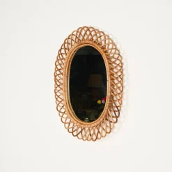 Pamono Large Oval Mirror in Bamboo, Rattan and Wicker attributed to Franco Albini, Italy, 1970s> Mirrors