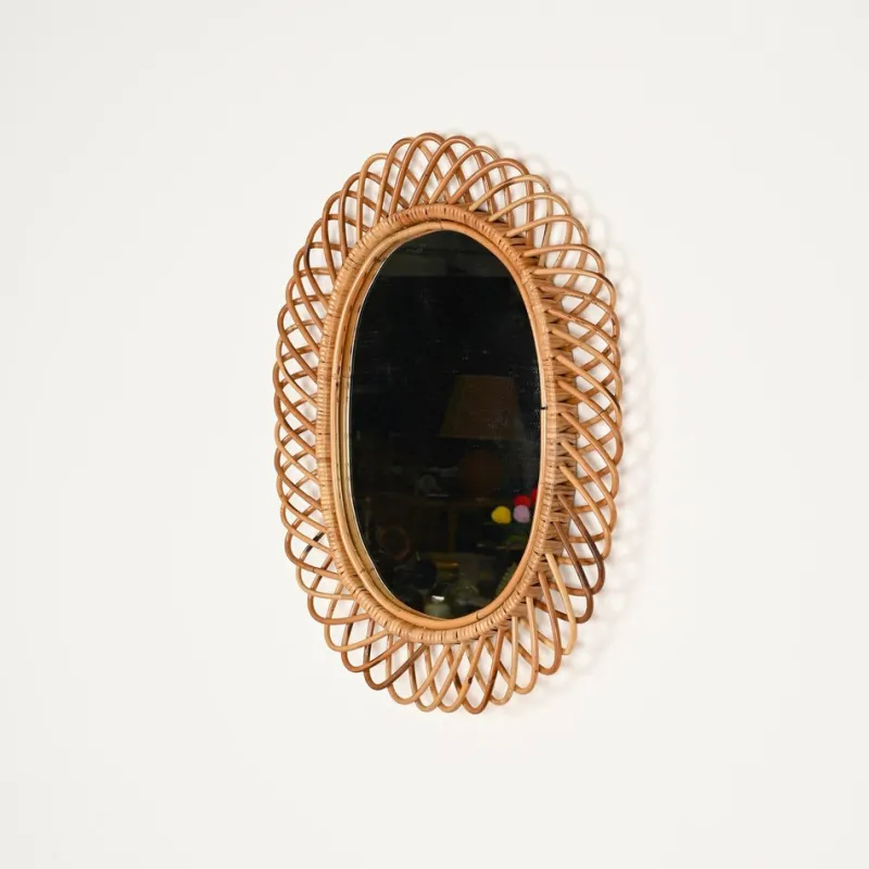 Pamono Large Oval Mirror in Bamboo, Rattan and Wicker attributed to Franco Albini, Italy, 1970s> Mirrors
