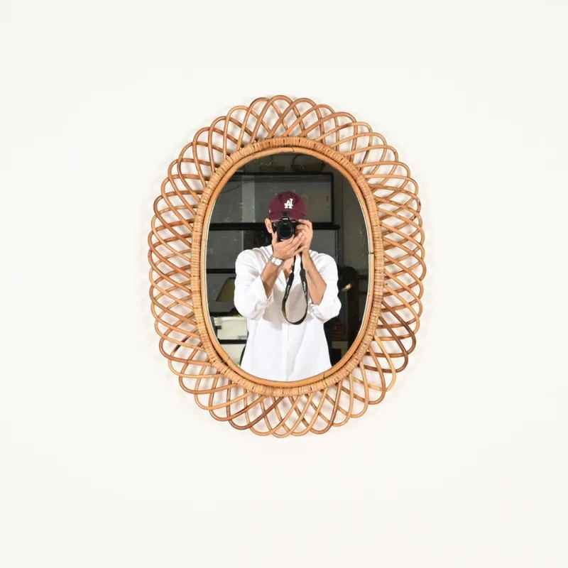 Pamono Large Oval Mirror in Bamboo, Rattan and Wicker attributed to Franco Albini, Italy, 1970s> Mirrors