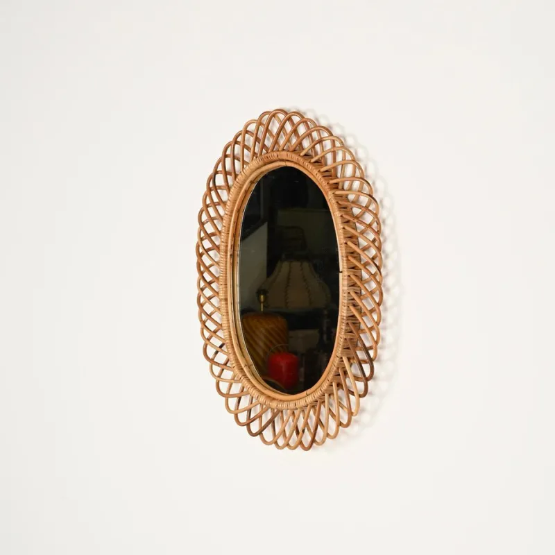 Pamono Large Oval Mirror in Bamboo, Rattan and Wicker attributed to Franco Albini, Italy, 1970s> Mirrors