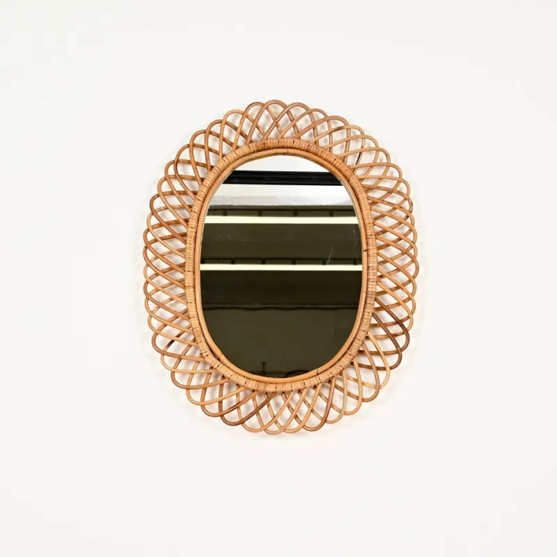 Pamono Large Oval Mirror in Bamboo, Rattan and Wicker attributed to Franco Albini, Italy, 1970s> Mirrors