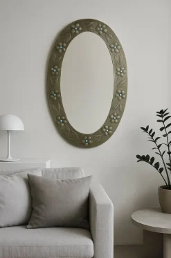 Discount Pamono Large Oval Pewter Mirror with Floral Reliefs and Turquoise Cabochons, 1950s