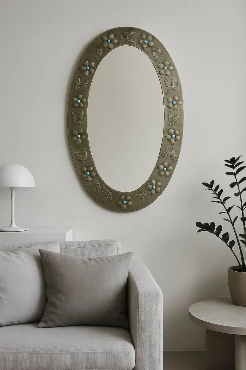 Discount Pamono Large Oval Pewter Mirror with Floral Reliefs and Turquoise Cabochons, 1950s