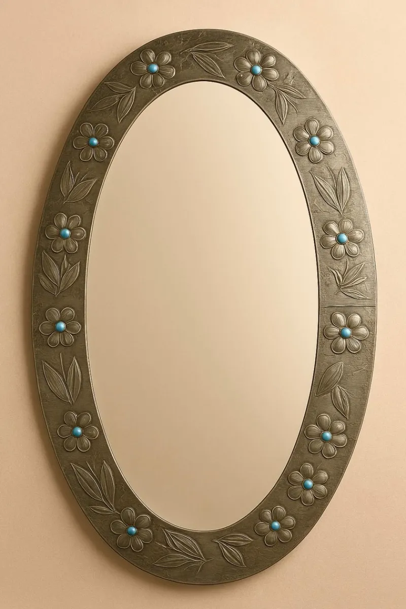 Discount Pamono Large Oval Pewter Mirror with Floral Reliefs and Turquoise Cabochons, 1950s