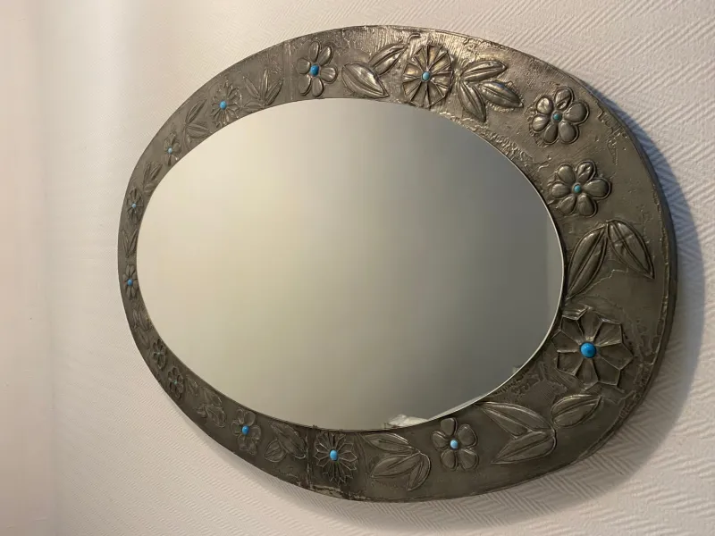 Discount Pamono Large Oval Pewter Mirror with Floral Reliefs and Turquoise Cabochons, 1950s