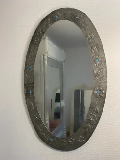 Discount Pamono Large Oval Pewter Mirror with Floral Reliefs and Turquoise Cabochons, 1950s