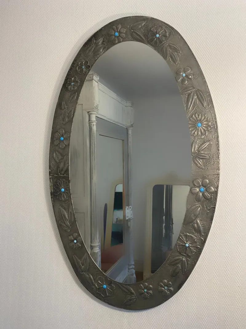 Discount Pamono Large Oval Pewter Mirror with Floral Reliefs and Turquoise Cabochons, 1950s