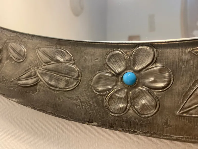 Discount Pamono Large Oval Pewter Mirror with Floral Reliefs and Turquoise Cabochons, 1950s