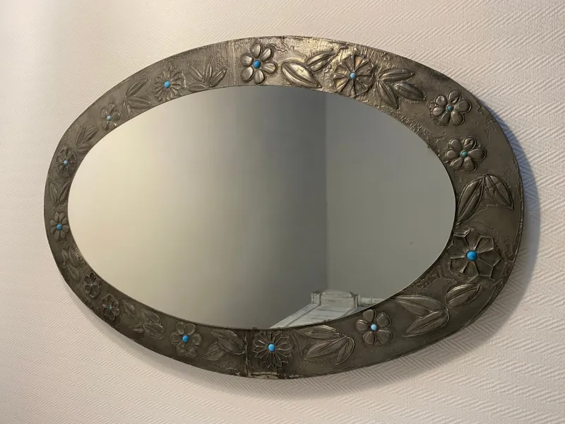 Discount Pamono Large Oval Pewter Mirror with Floral Reliefs and Turquoise Cabochons, 1950s