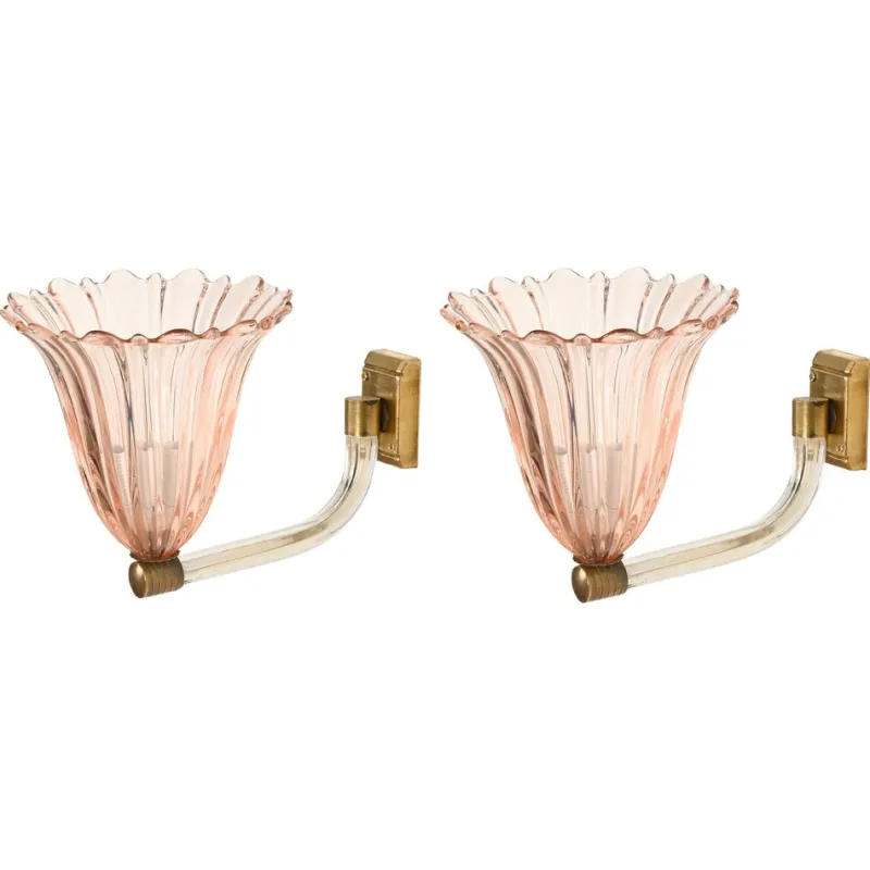Online Pamono Large Pink Murano Glass and Brass Flower Sconces, 1940s, Set of 2