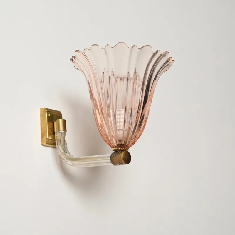 Online Pamono Large Pink Murano Glass and Brass Flower Sconces, 1940s, Set of 2