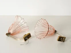 Online Pamono Large Pink Murano Glass and Brass Flower Sconces, 1940s, Set of 2