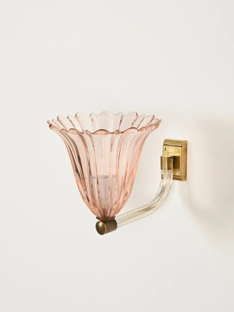 Online Pamono Large Pink Murano Glass and Brass Flower Sconces, 1940s, Set of 2