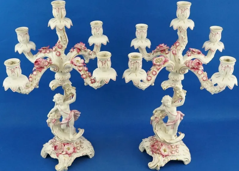 Pamono Large Porcelain Candelabras with Cherubs and Flowers in Relief by Ginori Doccia, Italy, 1890s, Set of 2> Candleholders