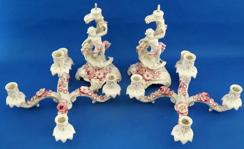 Pamono Large Porcelain Candelabras with Cherubs and Flowers in Relief by Ginori Doccia, Italy, 1890s, Set of 2> Candleholders