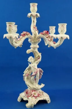 Pamono Large Porcelain Candelabras with Cherubs and Flowers in Relief by Ginori Doccia, Italy, 1890s, Set of 2><noscript><img width=
