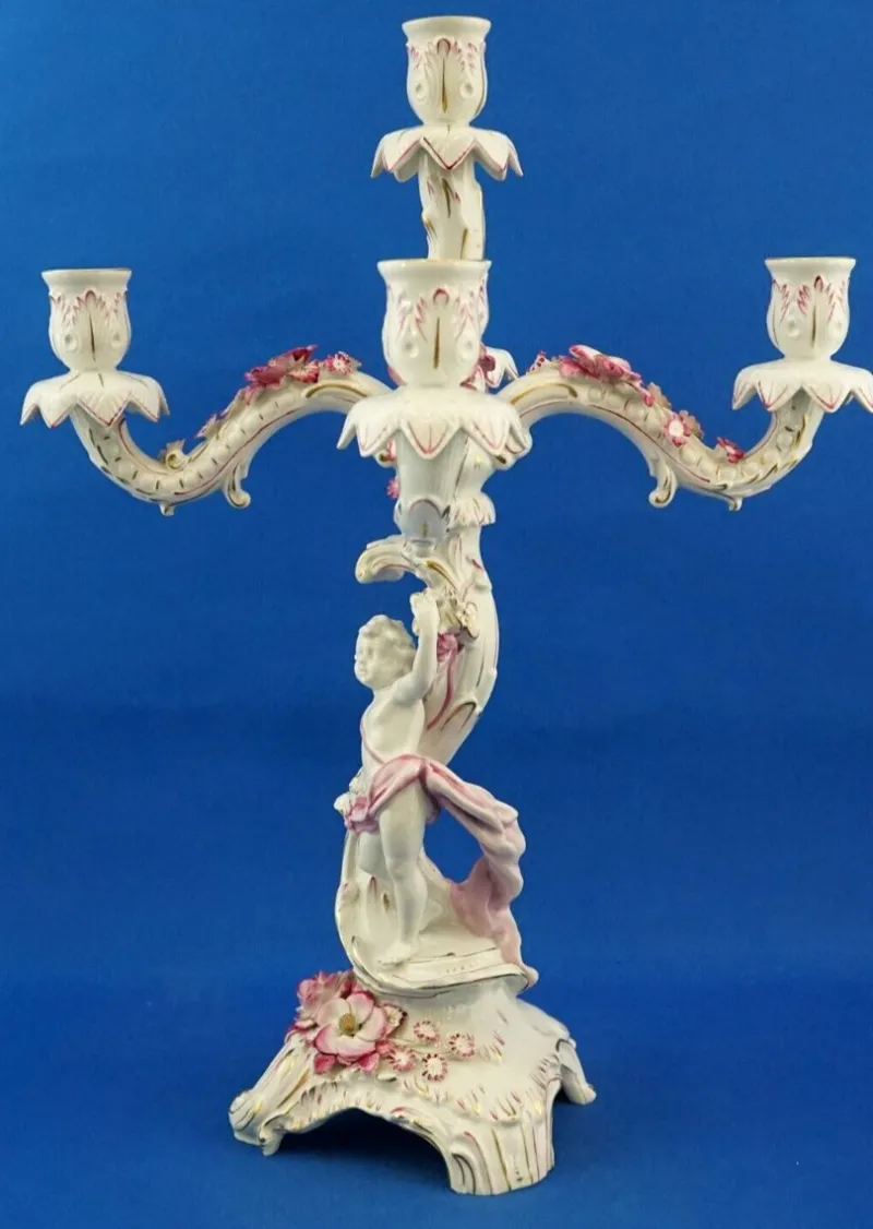 Pamono Large Porcelain Candelabras with Cherubs and Flowers in Relief by Ginori Doccia, Italy, 1890s, Set of 2> Candleholders