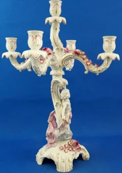 Pamono Large Porcelain Candelabras with Cherubs and Flowers in Relief by Ginori Doccia, Italy, 1890s, Set of 2><noscript><img width=