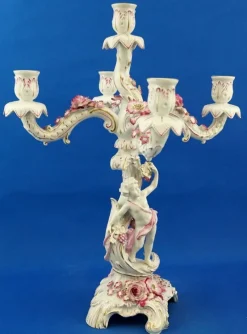 Pamono Large Porcelain Candelabras with Cherubs and Flowers in Relief by Ginori Doccia, Italy, 1890s, Set of 2><noscript><img width=