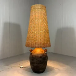 Pamono Large Pottery Amphora Floor Lamp with Caned Lamp Shade, 1960s> Floor Lamps