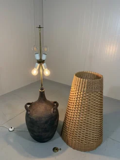 Pamono Large Pottery Amphora Floor Lamp with Caned Lamp Shade, 1960s><noscript><img width=