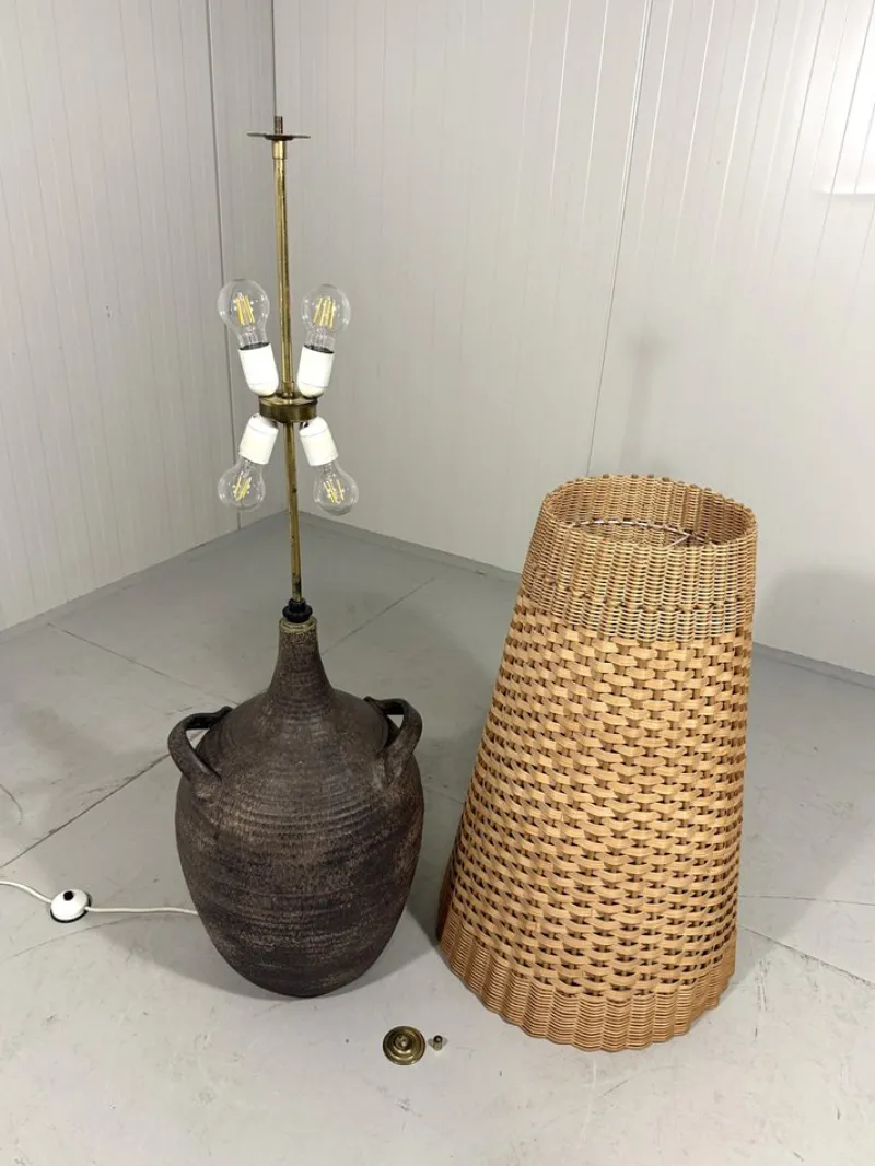 Pamono Large Pottery Amphora Floor Lamp with Caned Lamp Shade, 1960s> Floor Lamps