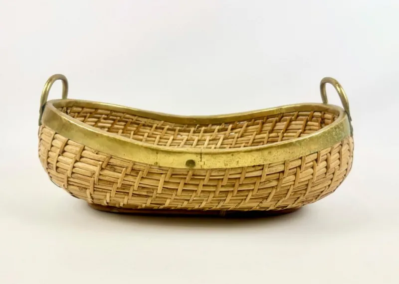 Pamono Large Rattan and Brass Fruit Bowl, 1970s> Trunks Crates & Baskets