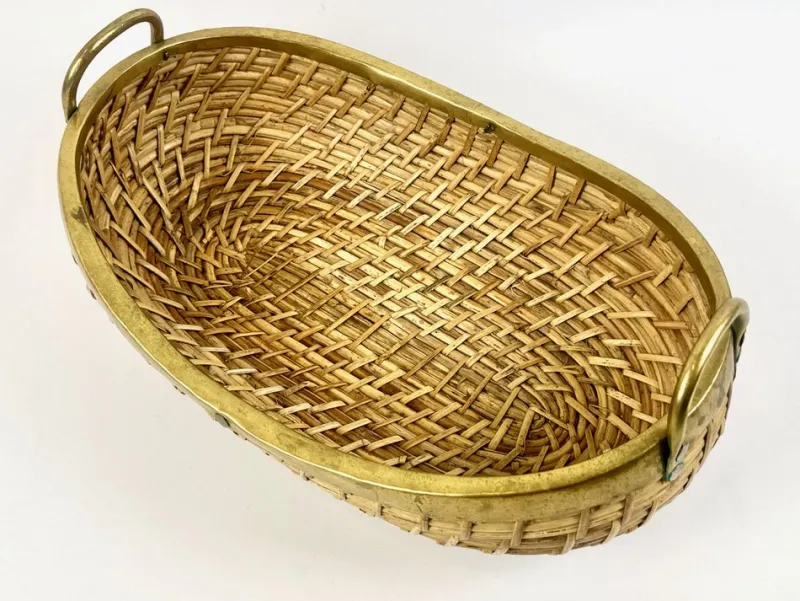 Pamono Large Rattan and Brass Fruit Bowl, 1970s> Trunks Crates & Baskets