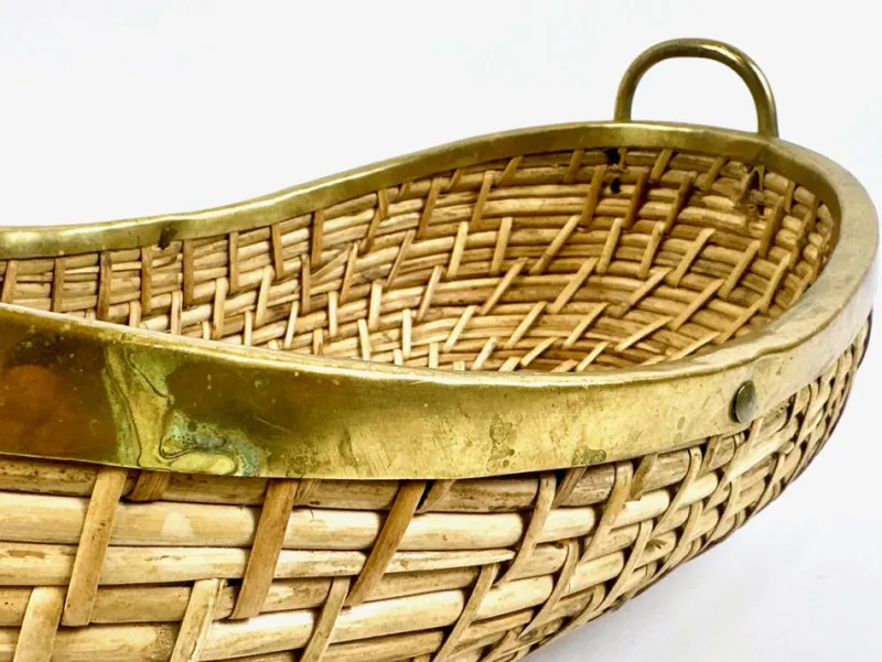 Pamono Large Rattan and Brass Fruit Bowl, 1970s> Trunks Crates & Baskets