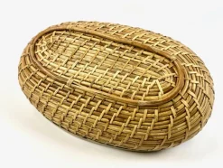 Pamono Large Rattan and Brass Fruit Bowl, 1970s><noscript><img width=