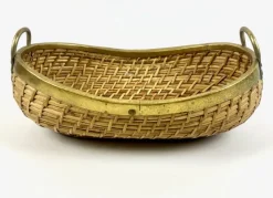 Pamono Large Rattan and Brass Fruit Bowl, 1970s><noscript><img width=