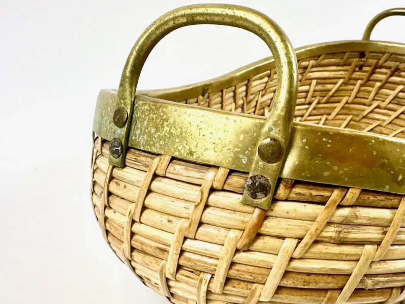Pamono Large Rattan and Brass Fruit Bowl, 1970s> Trunks Crates & Baskets