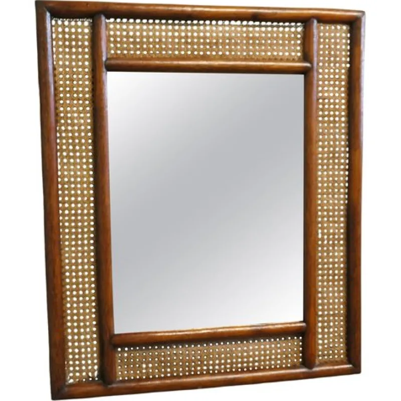 New Pamono Large Rectangular Mirror with Bergère and Rattan Frame, 1960