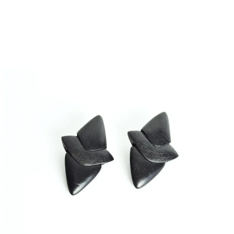 Pamono Large Sculptural Black Ear-Clips in Ebony from Monies, Denmark, 2000s, Set of 2> Earrings