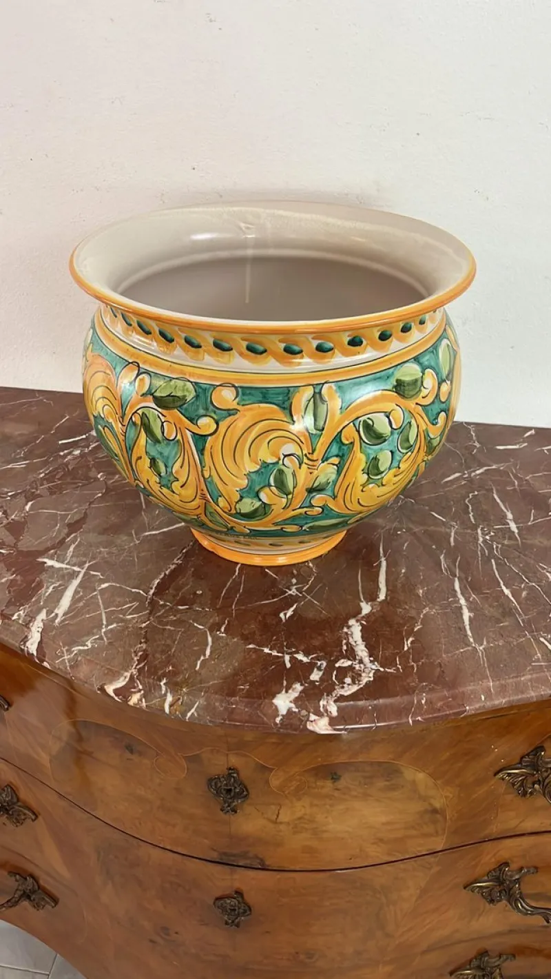 Pamono Large Sicilian Glazed Ceramic Cachepot from Santo Stefano Di Camastra, 1970s> Planters And Jardiniere