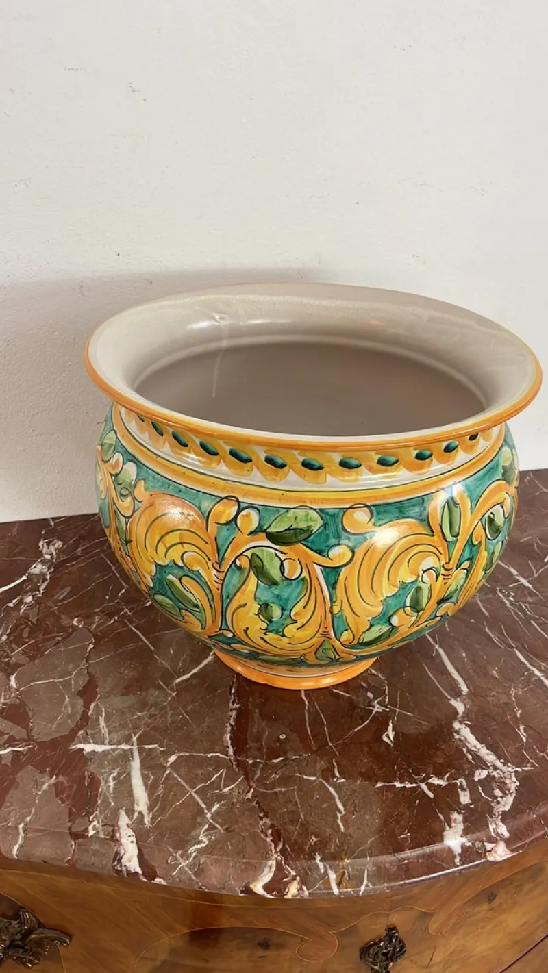 Pamono Large Sicilian Glazed Ceramic Cachepot from Santo Stefano Di Camastra, 1970s> Planters And Jardiniere