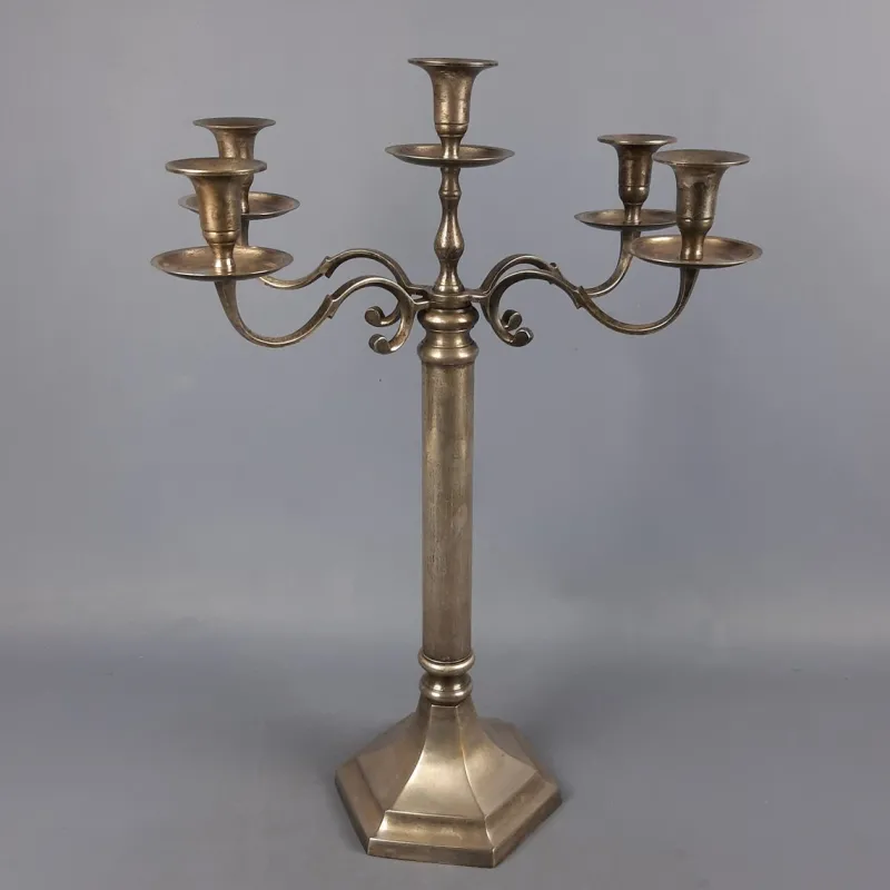 Pamono Large Silver Metal 5-Light Candelabra with Hexagonal Base, 1970s> Candleholders