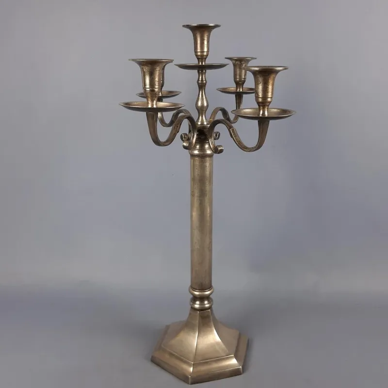 Pamono Large Silver Metal 5-Light Candelabra with Hexagonal Base, 1970s> Candleholders