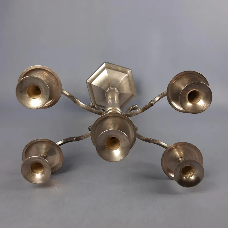 Pamono Large Silver Metal 5-Light Candelabra with Hexagonal Base, 1970s> Candleholders