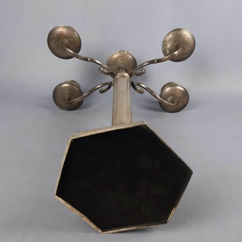 Pamono Large Silver Metal 5-Light Candelabra with Hexagonal Base, 1970s> Candleholders
